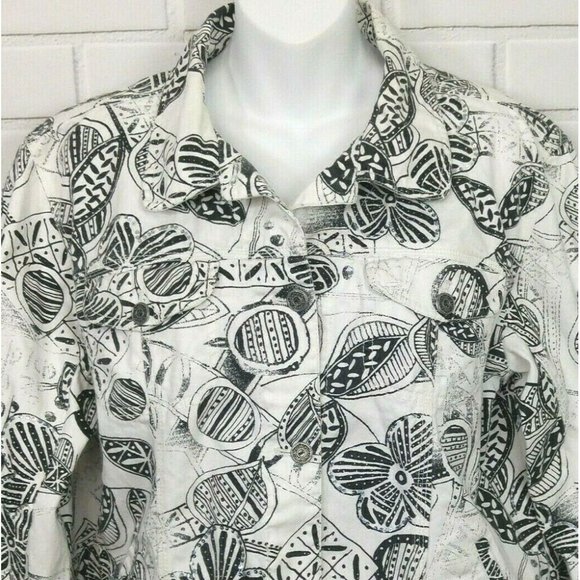 Chicos Black White Jean Jacket Denim Sequined Size 2 Abstract Floral Graphic - Picture 4 of 11